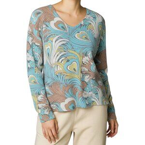 Kinross Cashmere Retro Floral Heart Print Long Sleeve Cashmere Top Women's L